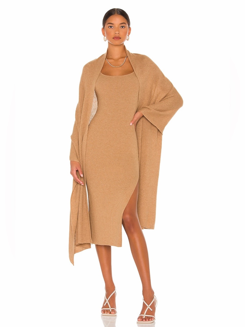 LPA Revolve Salmah Camel Knit Tie Strap Midi Dress w Detachable Shawl Cardigan S